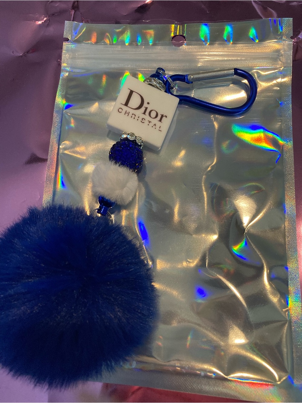 Dior Blue and White Pom Pom Key Charm